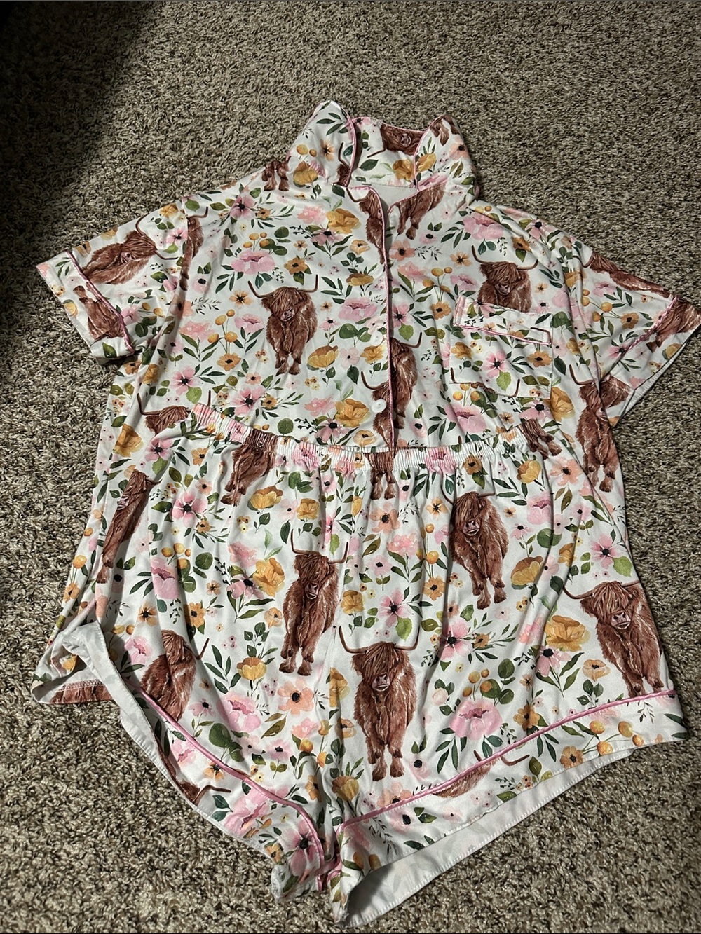 Floral & Brown Highland Cow Short Pajama Set